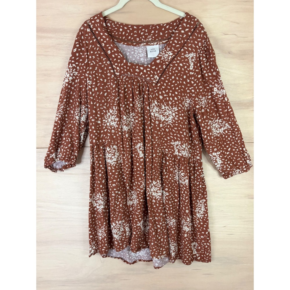 Knox Rose Women XL Rust Brown Floral Lace Trim Babydoll Mini Dress Rayon Linen